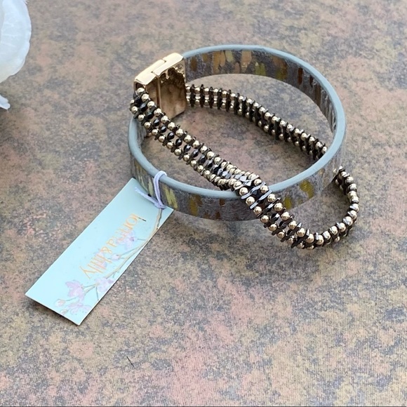 NWT LONNA & LILLY GUNMETAL AND LEATHER WRAP BRACELET. - Picture 4 of 7